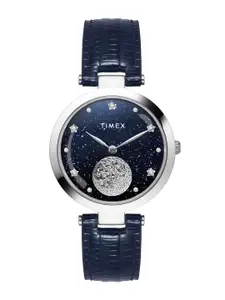 Timex Women Brass Embellished Dial & Leather Textured Straps Analogue Watch TWEL19202