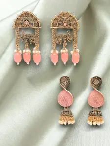 ADIVA Set Of 2 Gold-Plated Stone-Studded & Beaded Animal Shaped Drop Earrings
