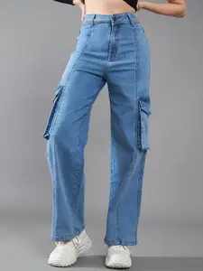 DOLCE CRUDO Women Wide Leg High-Rise Stretchable Cargo Denim