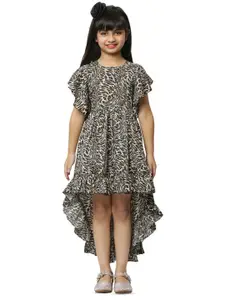 BAESD Girls Animal Print Crepe Flutter Sleeve Fit & Flare Dress Comes With A Belt