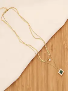 Krelin Gold-Plated Vintage Square Shaped Emerald & Rhinestone-Studded Necklace