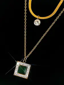 Krelin Gold-Plated Vintage Square Shaped Emerald & Rhinestone-Studded Necklace