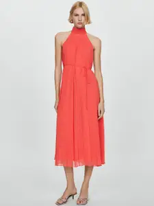 MANGO Halter-Like Neck Accordion Pleated A-Line Midi Dress