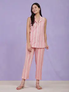 Pink Fort Striped V-Neck Pure Cotton Top  & trouser Co-Ord Set