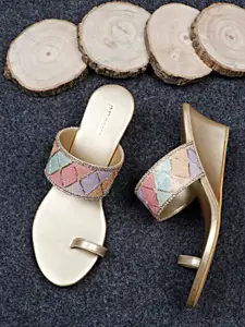 Anouk Gold-Toned Embellished Open Toe Wedge Heels