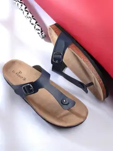 El Paso Men Buckle Detailed Leather Slip-On Flip Flops