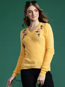 DressBerry Women Ribbed Longline Pullover with Embroidered Detail