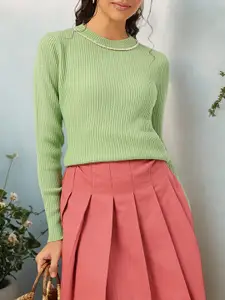 DressBerry Acrylic Striped Pullover with Embroidered Detail