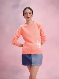 DressBerry Solid Pullover with Floral Embroidered Detail