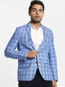 Red Flame Checked Pure Linen Single-Breasted Blazer
