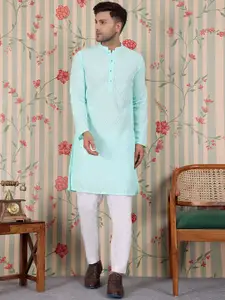 House of Pataudi Floral Embroidered Mandarin Collar Thread Work Kurta with Trousers