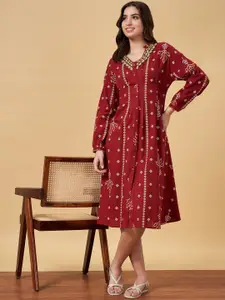 YU by Pantaloons Ethnic Motifs Printed Mandarin Collar Embroidered A-Line Midi Dress