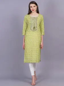 HIGHLIGHT FASHION EXPORT Ethnic Motifs Printed Mirror Work Pure Cotton Straight Kurta