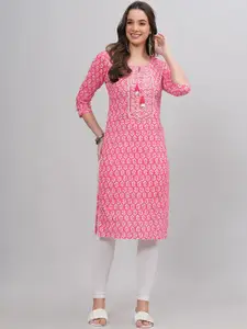 HIGHLIGHT FASHION EXPORT Ethnic Motifs Printed Mirror Work Pure Cotton Straight Kurta