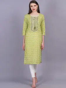 HIGHLIGHT FASHION EXPORT Ethnic Motifs Printed Mirror Work Pure Cotton Straight Kurta