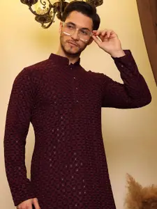 House of Pataudi Ethnic Motifs Embroidered Mandarin Collar Sequinned Straight Kurta