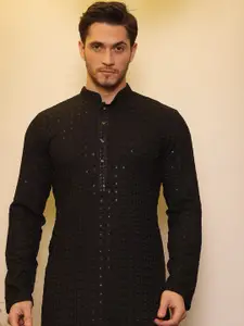House of Pataudi Ethnic Motifs Embroidered Mandarin Collar Sequinned Straight Kurta