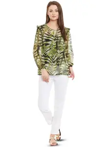 WISSTLER Abstract Print Keyhole Neck Puff Sleeve Ruffles Georgette Top
