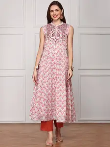 Ishin Floral Printed Thread Work Cotton Round Neck Sleeveless Panelled A-Line Kurta