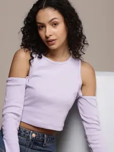 The Roadster Life Co. Cold-Shoulder Sleeves Ribbed Crop Top