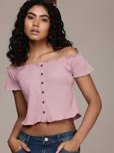 The Roadster Life Co. Off-Shoulder Ruffles Ribbed Crop Top