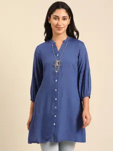 IMARA Mandarin Collar Puff Sleeve Shirt Style Longline Casual Top