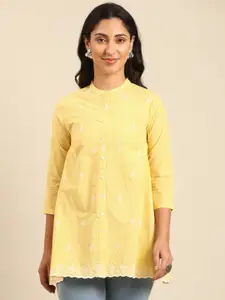 IMARA Floral Print Mandarin Collar Three-Quarter Sleeves Shirt Style Longline Casual Top