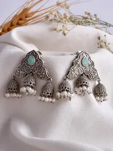 DASTOOR Silver-Plated Stones Studded Beads Beaded Contemporary Oxidised Jhumkas