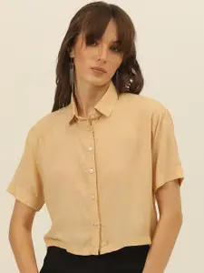 JAVINISHKA Slim Fit Spread Collar Semi Sheer Crop Casual Shirt