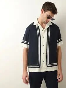 SELECTED Vertical Striped Drop-Shoulder Sleeves Oversized Cuban Collar Casual Shirt