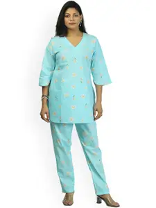 Freesia Array Printed Pure Cotton Top With Trousers Co-Ords