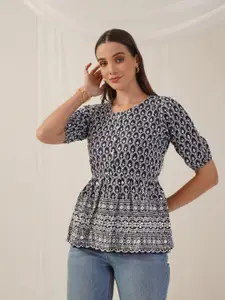 Indian Needle Geometric Print Puff Sleeve Cotton Cinched Waist Top
