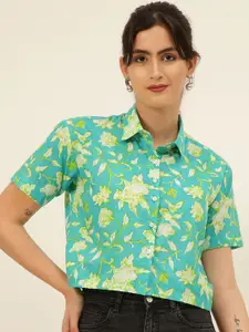 JAVINISHKA Comfort Slim Fit Printed Spread Collar Organic Cotton Crop Casual Shirt
