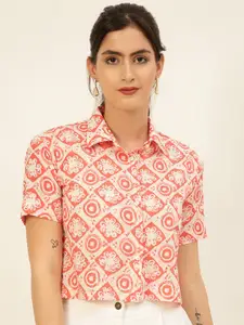 JAVINISHKA Comfort Slim Fit Printed Spread Collar Organic Cotton Crop Casual Shirt