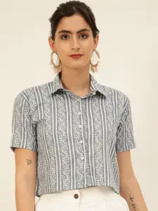 JAVINISHKA Comfort Slim Fit Printed Spread Collar Organic Cotton Crop Casual Shirt