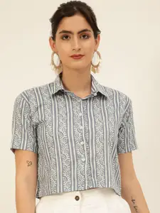 JAVINISHKA Comfort Slim Fit Printed Spread Collar Organic Cotton Crop Casual Shirt