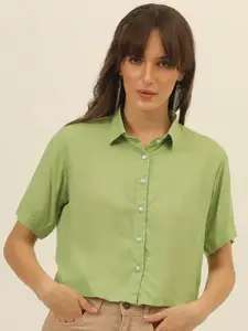 JAVINISHKA Comfort Slim Fit Spread Collar Crop Casual Shirt