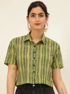 JAVINISHKA Comfort Slim Fit Printed Spread Collar Organic Cotton Crop Casual Shirt