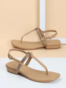 DressBerry Beige Embellished Open Toe Flats