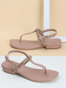DressBerry Pink Open Toe T-Strap Flats