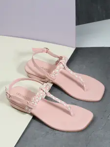 DressBerry Pink Textured Open Toe Flats