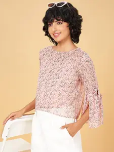 People Peach Floral Printed Round Neck Bell Sleeves Regular Top