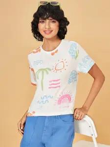People Off White Printed Round Neck Short Sleeves Cotton Top