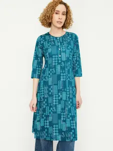 max Round Neck Printed Three Quarter Sleeves Cotton Straight Kurta