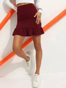 Veni Vidi Vici Maroon Slim-Fit Peplum Mini Skirt