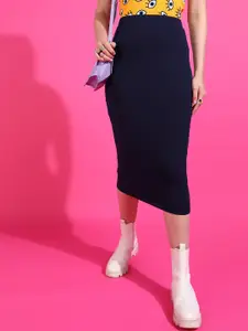 Veni Vidi Vici Navy Blue Straight Slip-On Bodycon Pencil Midi Skirt