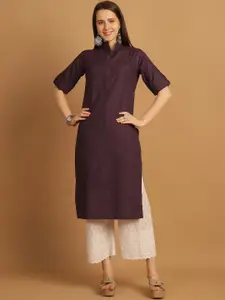 Sayesha Woven Design Mandarin Collar Roll Up Sleeves Pure Cotton Straight Kurta