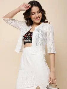 UnaOne Self-Design Cotton Lace Shrug & Skirt