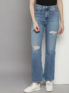 Calvin Klein Women Straight Fit High-Rise Mildly Distressed Light Fade Jeans