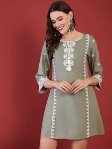 Anouk Embroidered Tie-Up Neck A-Line Above Knee Ethnic Dress